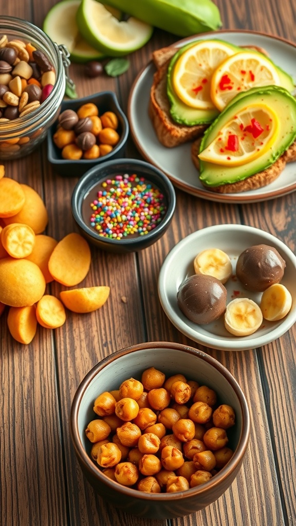 An assortment of savory and sweet snacks including roasted chickpeas, avocado toast, chocolate-dipped bananas, and trail mix on a wooden table.